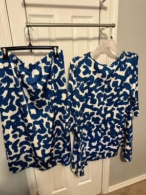 Blue and White Printed Women's Skirt Set with Matching Top